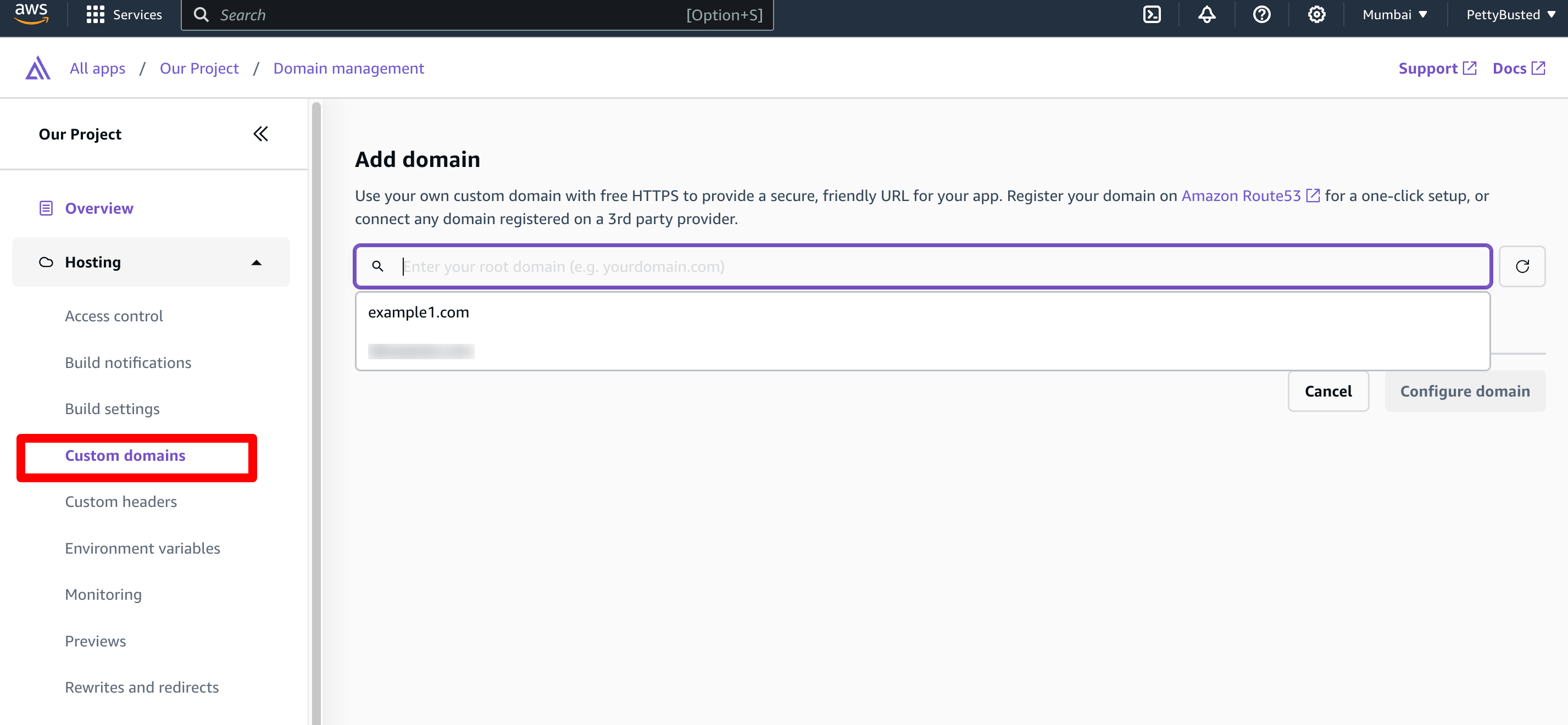 Image connecting domain to AWS Amplify app