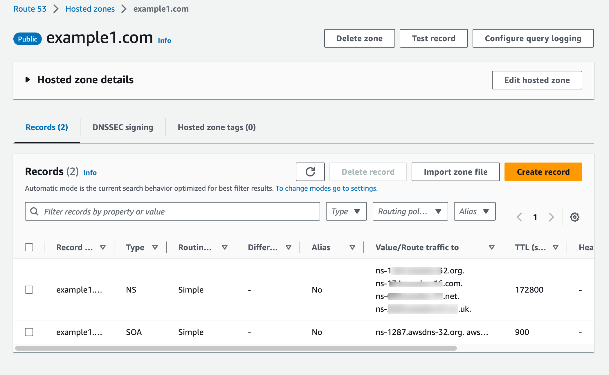 Image showing list of Hosted zones